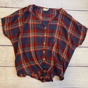 Red/blue plaid front tie crop top